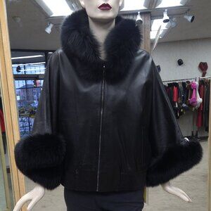 Black Lamb Leather Cape Jacket with Fox Fur